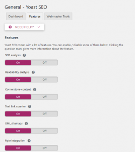 yoast seo Features setting