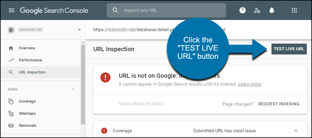 Trên trang Kiểm tra URL, hãy nhấp vào nút “test live url”