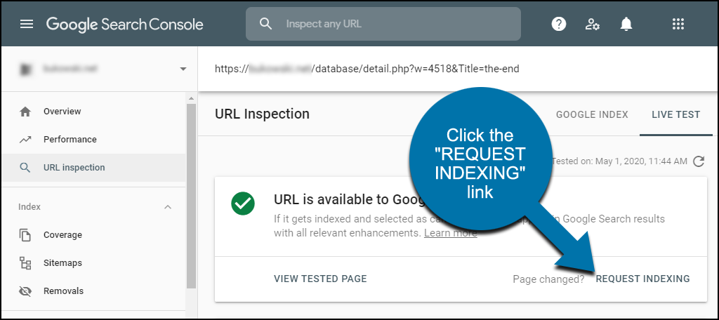 Nhấp vào liên kết "request indexing".